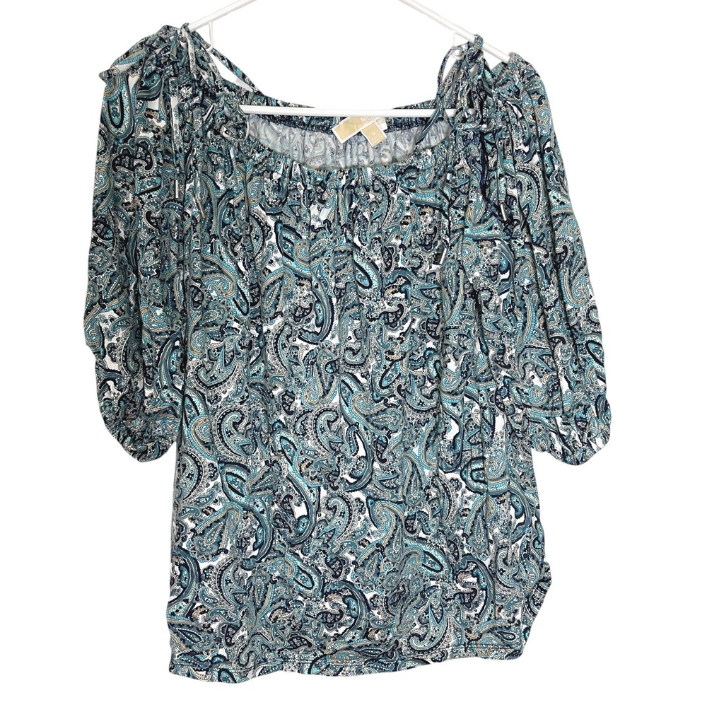 Michael Kors 1X Blue Paisley Off Shoulder Puff Sleeve Top Boho‎ Coastal Chic